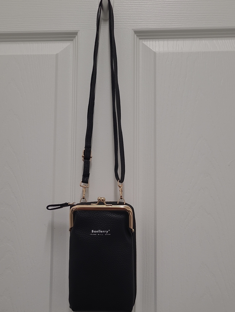 Black Crossbody Phone Bag with Gold Trim